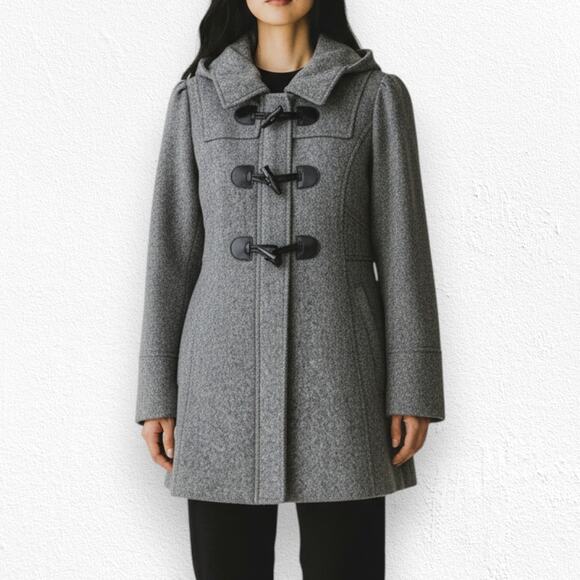 Guess Gray Wool Blend Toggle Tweed Coat Hooded Short Peacoat Size Medium - Picture 3 of 12